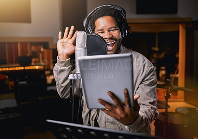 Buy stock photo Tablet, music studio and man singing lyrics, song production or musician training for creative industry talent. Radio, microphone and audio of african person or singer voice on digital recording app