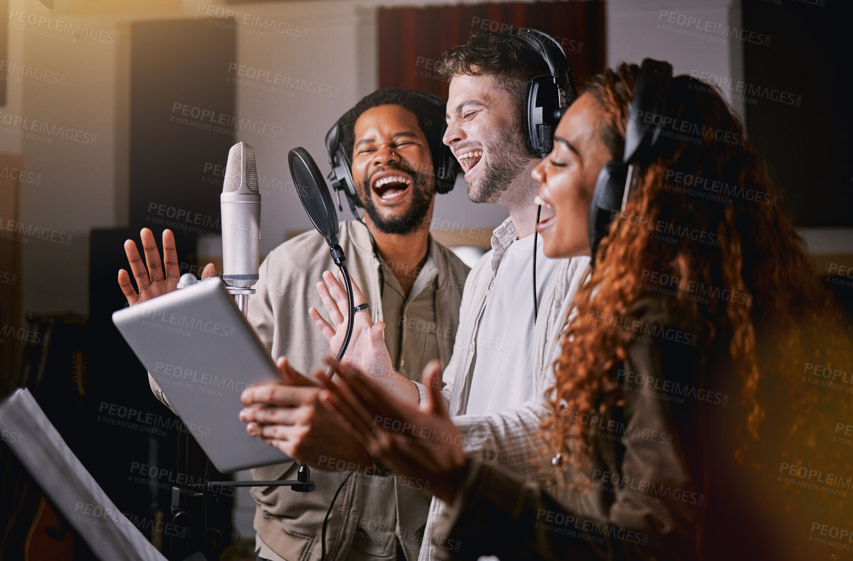 Buy stock photo Team, people in recording studio singing and mic, sound equipment with music and artist, diversity and collaboration. Audio, headphones and musician group with tablet, record label and creativity