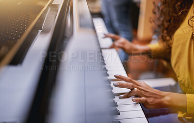Buy stock photo Musician woman, hands or playing piano in studio album recording, organ learning or jazz education for label industry. Zoom, fingers or singer on pianist instrument for radio, theater or production