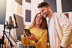 Man, woman or phone in recording studio for song lyrics, podcast ideas or album cover art in production booth. Smile, happy or musician on mobile technology for friends, singer or media collaboration