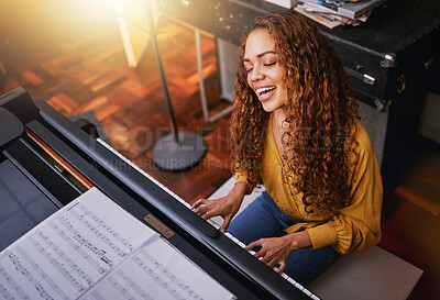 Buy stock photo Musician, piano or singing woman in studio album recording, night performance or theatre practice for jazz label industry. Smile, happy or singer and pianist instrument for creative radio in top view