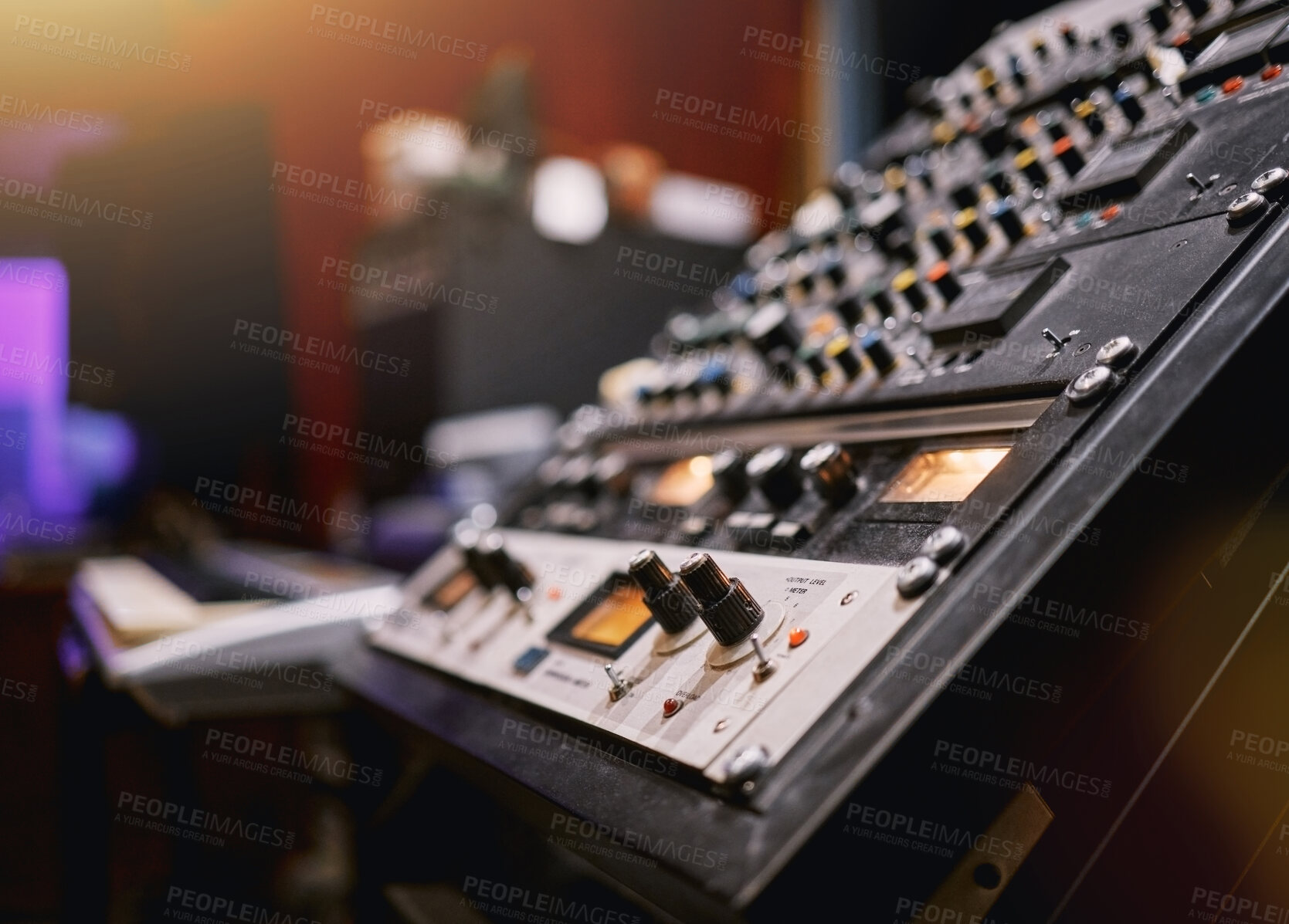Buy stock photo Sound board, music and production in recording studio with  closeup, creativity and audio equipment. Mixing console, dj and technology with art, amplifier and produce song with entertainment