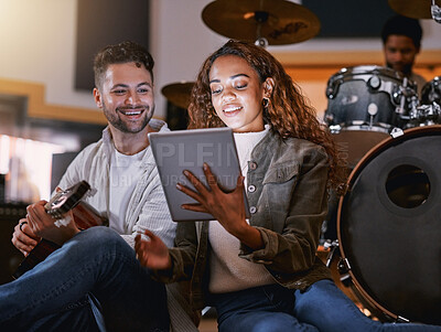 Buy stock photo Creative, songwriter and tablet with black couple in recording studio for music, lyrics planning or internet. Production, technology and social media with man and woman for musician, audio or digital