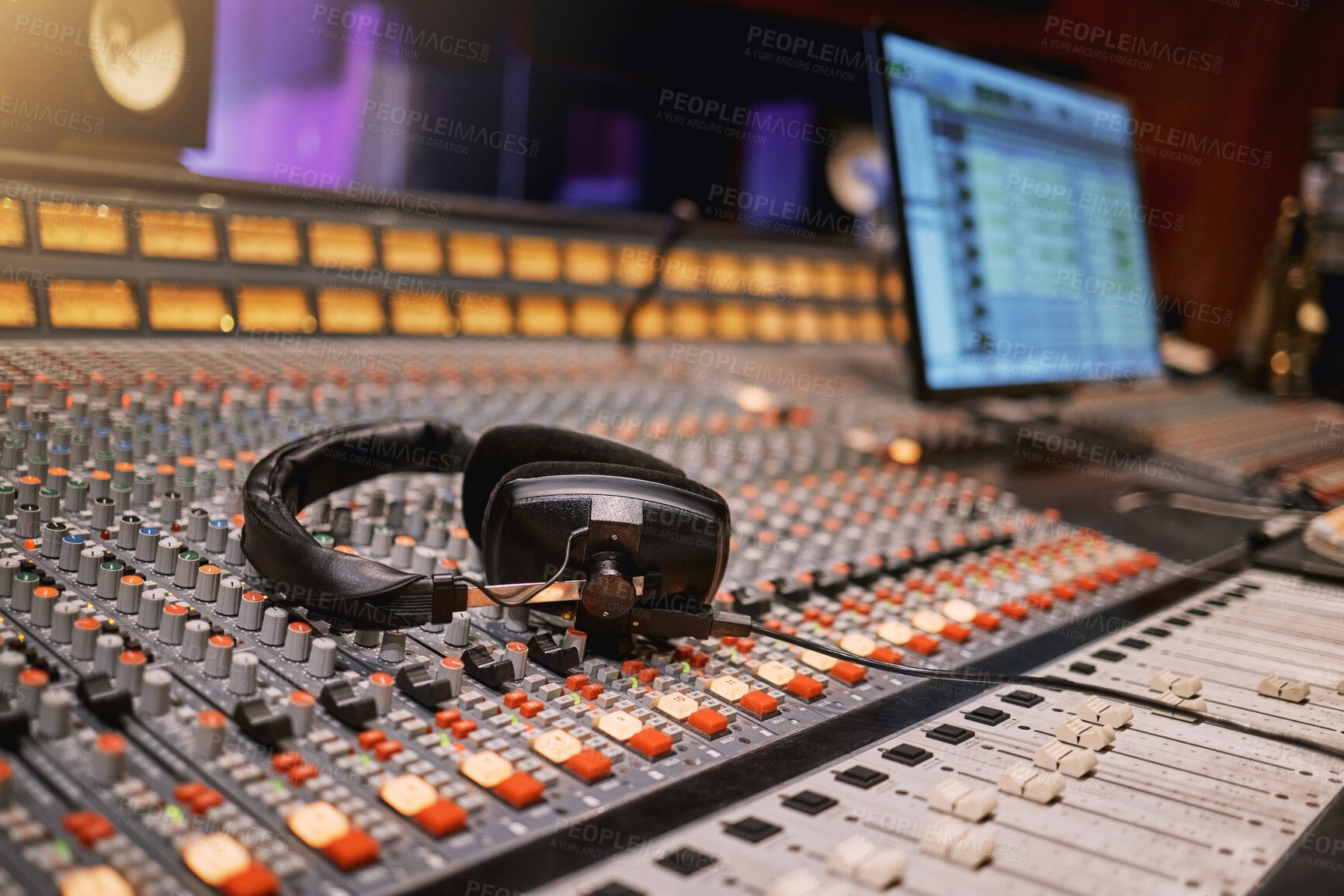 Buy stock photo Sound board, music and production with headphones in recording studio with creativity and audio equipment. Mixing console, dj and technology with art, amplifier and produce song with entertainment