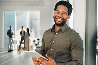 Buy stock photo Portrait, digital tablet and black man in office happy, smile and empowered, ambition and mindset. Face and business man or ceo at startup company for management or online project at workplace