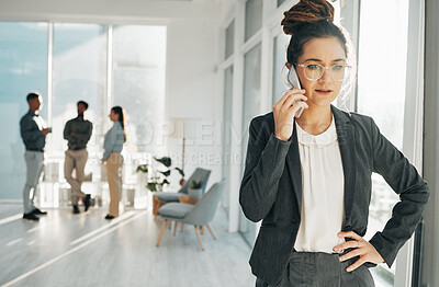 Buy stock photo Anxiety, stress and frustrated businesswoman, phone call and office for worry, confused face and mobile. Worried female worker talking on smartphone, conversation and communication of job problem