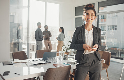 Buy stock photo Business woman, portrait and phone in boardroom, meeting room and busy office in Sweden. Happy worker typing on smartphone app, notification or contact management of corporate career, mobile or smile