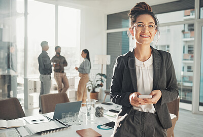 Buy stock photo Business woman, portrait and phone in boardroom, meeting room and Sweden company. Happy office worker typing on smartphone app, notification or contact management of corporate career, mobile or smile