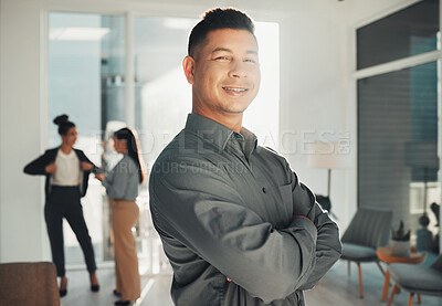 Buy stock photo Portrait, leader and proud businessman in office happy, smile and empowered, ambition and mindset. Face, vision and male ceo at startup company for management, mission and productive coworking space