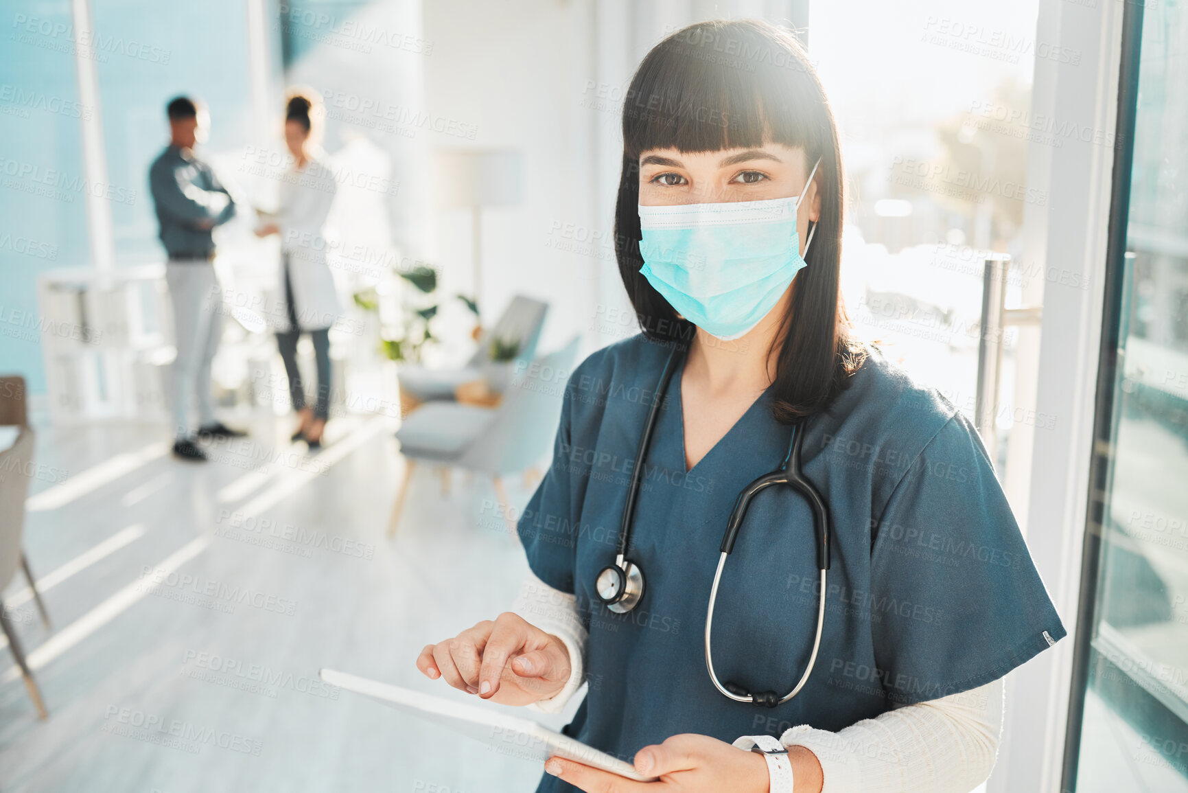 Buy stock photo Covid, research and portrait of a doctor with a tablet for medicine, communication and schedule. Healthcare, internet and female nurse with a face mask for virus and technology for nursing agenda
