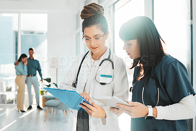 Buy stock photo Woman, doctor and document with tablet in planning strategy or ideas by window for healthcare notes at clinic. Female doctors or nurse checking paperwork for medical information or data at hospital