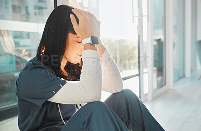 Buy stock photo Nurse, stress and woman with depression in hospital after loss, grief or mistake in clinic. Mental health, healthcare and sad female medical physician with burnout, anxiety or headache after nursing.