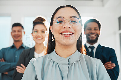 Buy stock photo Business people, selfie and portrait of proud team in office for collaboration, leadership and teamwork. Face, leader and group with diversity, vision and partnership, mission or profile picture pose