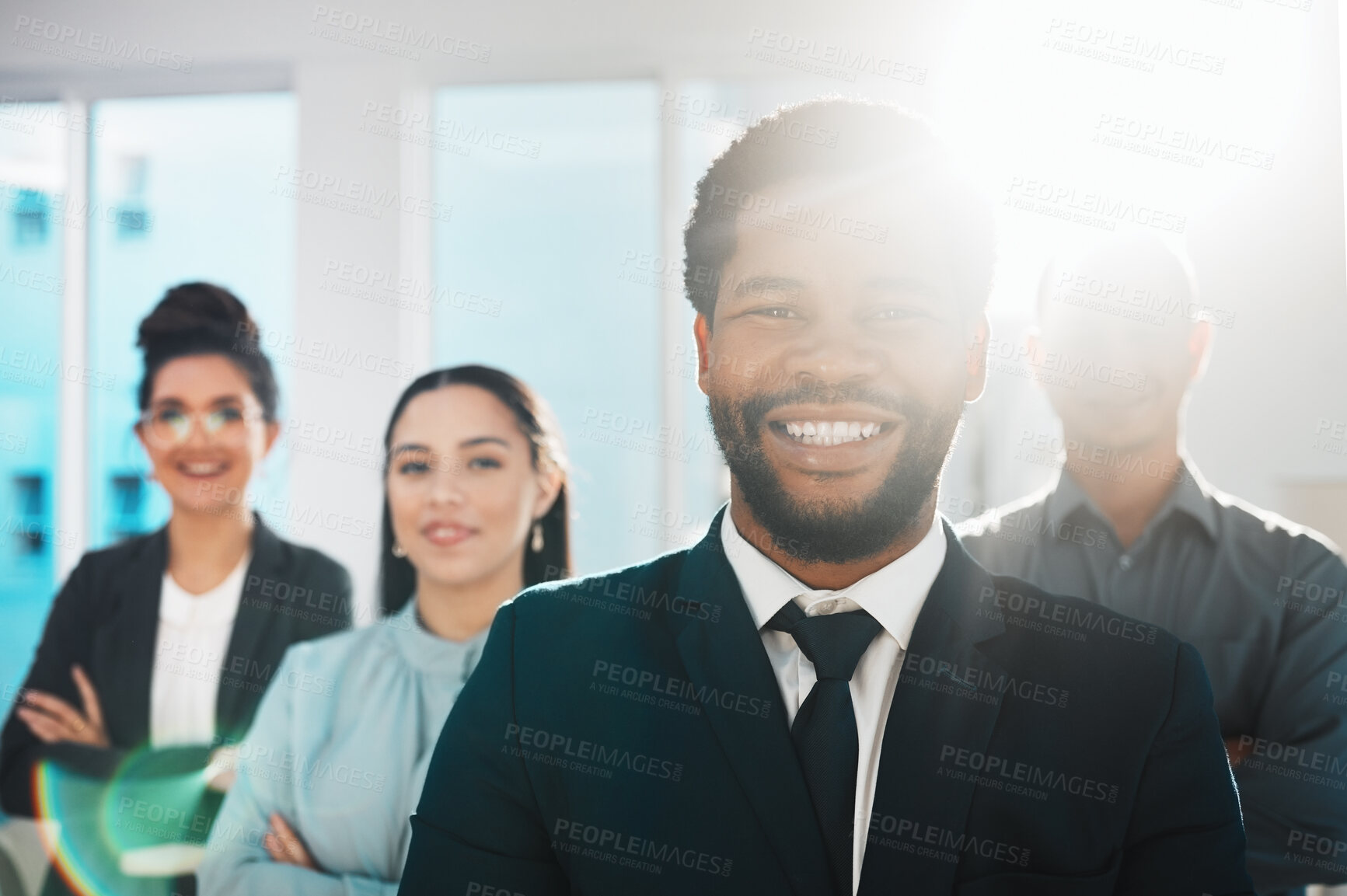 Buy stock photo Leadership, business people and portrait by proud team in office for collaboration, support and teamwork. Face, leader and group with diversity, vision and partnership, mission and goal solidarity