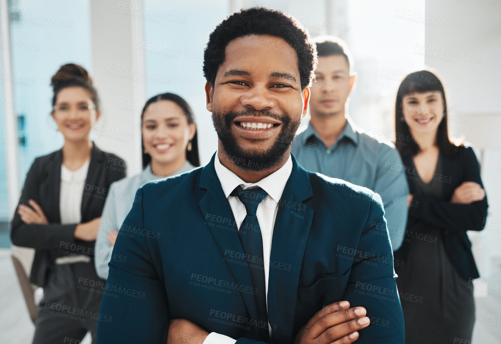 Buy stock photo Portrait, black man and leadership for teamwork, collaboration and motivation in office. Happy group of employees, diversity and arms crossed for success, business goals or smile of corporate mission