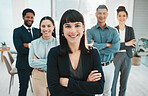Portrait, collaboration and management with a leader woman and her team standing arms crossed in the office. Vision, teamwork or diversity and a female manager posing at work with her employee group
