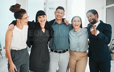 Buy stock photo Portrait, teamwork and diversity of collaboration, motivation and support in office. Happy group of employees smile for success, business goals and happiness of corporate mission, growth and trust 