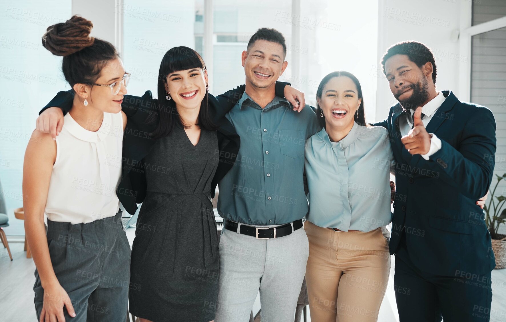 Buy stock photo Portrait, teamwork and diversity of collaboration, motivation and support in office. Happy group of employees smile for success, business goals and happiness of corporate mission, growth and trust 