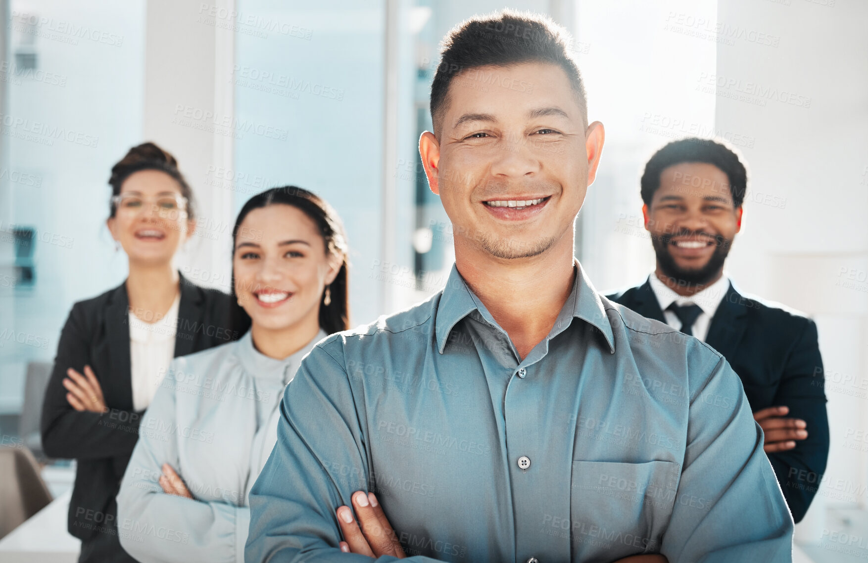 Buy stock photo Business people, leadership and portrait of proud team in office for collaboration, support and teamwork. Face, leader and group with diversity, vision and partnership, mission and united for goal