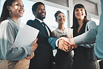 Handshake, people partnership and business diversity, collaboration or b2b welcome, thank you or meeting success. People shaking hands for job interview, career promotion or hiring deal in emoji sign