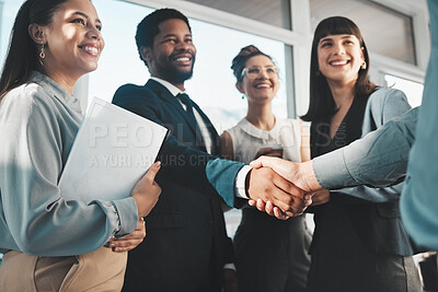 Buy stock photo Handshake, people partnership and business diversity, collaboration or b2b welcome, thank you or meeting success. People shaking hands for job interview, career promotion or hiring deal in emoji sign