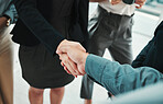 Handshake, partnership and business team closeup, collaboration and b2b welcome, thank you or onboarding meeting. People shaking hands for job interview, career promotion or hiring deal in emoji sign