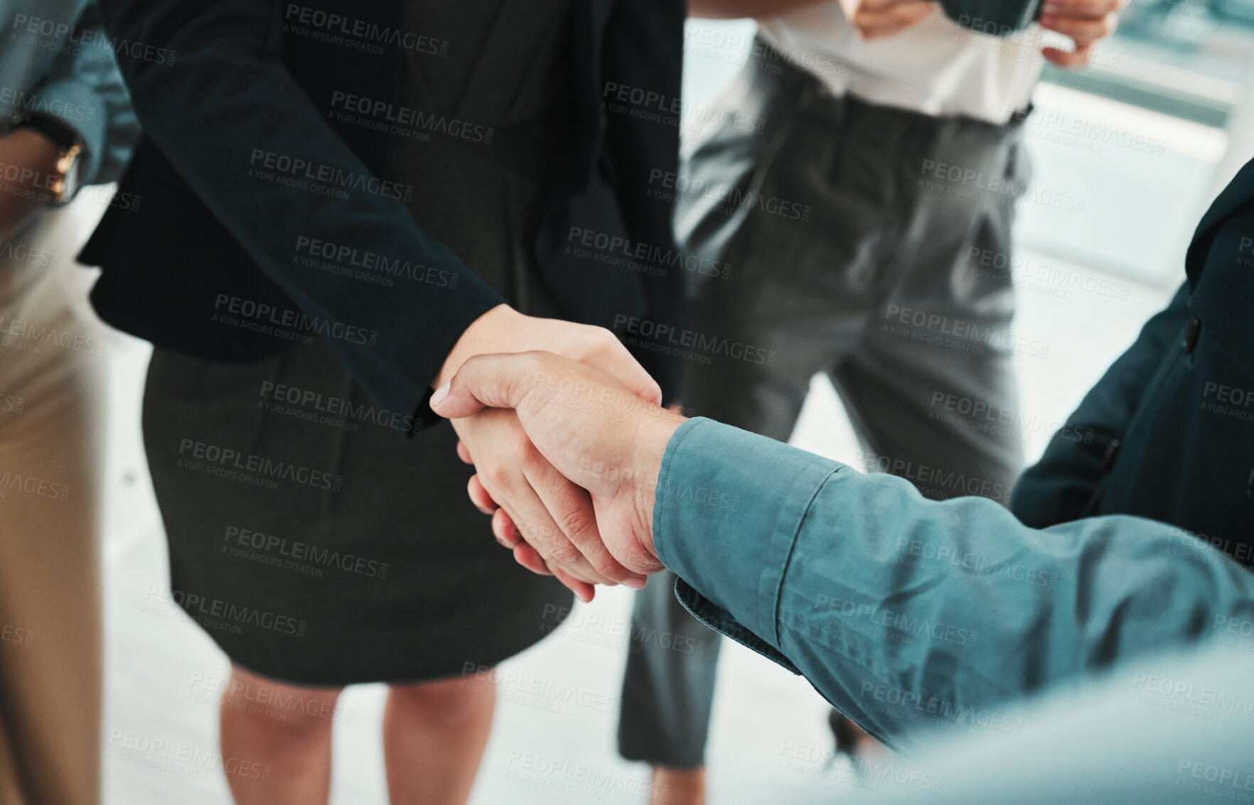 Buy stock photo Handshake, partnership and business team closeup, collaboration and b2b welcome, thank you or onboarding meeting. People shaking hands for job interview, career promotion or hiring deal in emoji sign