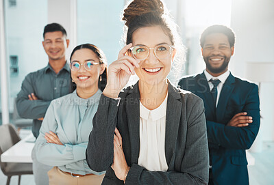 Buy stock photo Portrait, teamwork and leadership with a manager woman and her team standing arms crossed in the office. Vision, collaboration or diversity and a female leader posing at work with her employee group