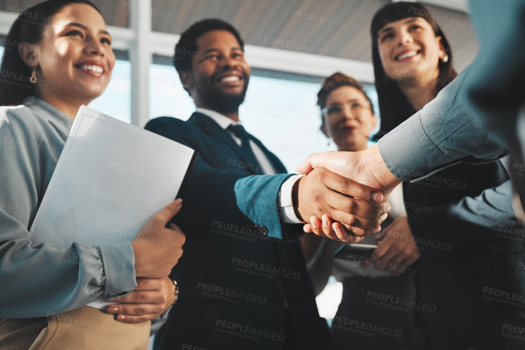 Buy stock photo Handshake, business people and diversity partnership, collaboration or b2b welcome, thank you and meeting success. People shaking hands in job interview, career promotion or hiring deal in emoji sign