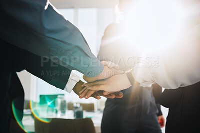 Buy stock photo Office, teamwork and hands together in huddle for team building, collaboration and diversity at startup. Company goals, mission and employees in solidarity in business growth, development and success