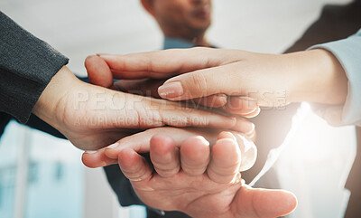 Buy stock photo Partnership, collaboration and hands of business people in support of vision, growth and training on office. Team building, group and hand unity for motivation, mission and corporate startup goal