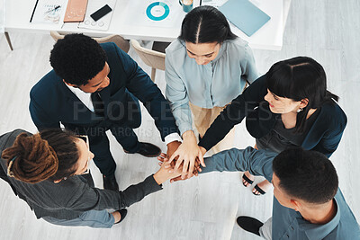 Buy stock photo Diversity, stack of hands and business people in the office with success, teamwork and achievement. Unity, multiracial and corporate team in celebration of collaboration project or goal in workplace.