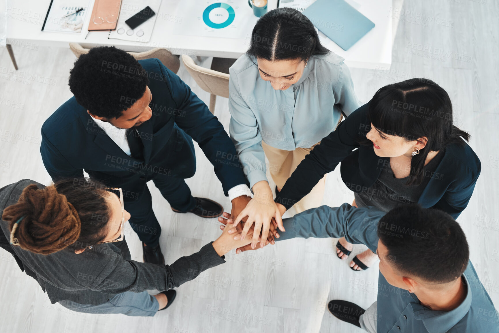 Buy stock photo Diversity, stack of hands and business people in the office with success, teamwork and achievement. Unity, multiracial and corporate team in celebration of collaboration project or goal in workplace.