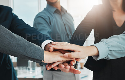 Buy stock photo Collaboration, partnership and hands of business people in support of vision, growth and training on office. Team building, group and hand unity for motivation, mission and corporate startup goal