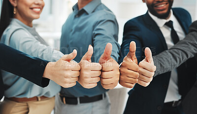 Buy stock photo Thumbs up, success and group closeup or people winning, support or thank you hands or emoji. Yes, like or winner with diversity employees for team building, agreement vote or teamwork collaboration
