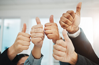 Buy stock photo Thumbs up, success closeup and group of people winning, support or thank you hands sign. Yes, like or winner team, business employees and vote, teamwork agreement and well done emoji in collaboration