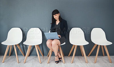 Buy stock photo Laptop, recruitment and business woman in waiting room for interview with human resources. Hr hiring, job opportunity and female employee with computer for email in company office for employment.