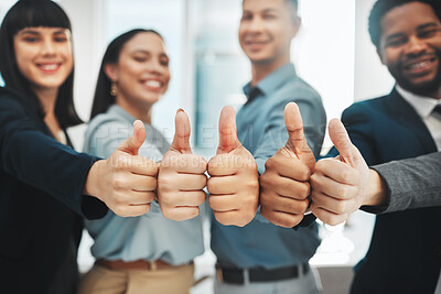 Buy stock photo Thumbs up, success and group of business people winning, support or thank you hands or emoji. Yes, like or winner with diversity employees for team building, agreement vote or teamwork collaboration