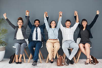 Buy stock photo Success, hiring and recruitment with business people in waiting room for winner, job interview and hr meeting. Happy, teamwork and networking with employee for support, diversity and community