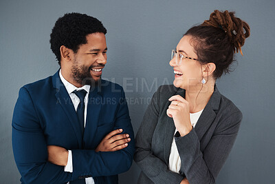 Buy stock photo Partnership, friends and networking with business people laughing for teamwork, support and communication. Happy, funny and diversity with black man and woman for conversation, corporate and social