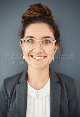 Buy stock photo Portrait, smile of business woman in office, workplace and company with career, mission and success mindset. Boss, glasses and face of happy, confident and proud female entrepreneur from Canada.