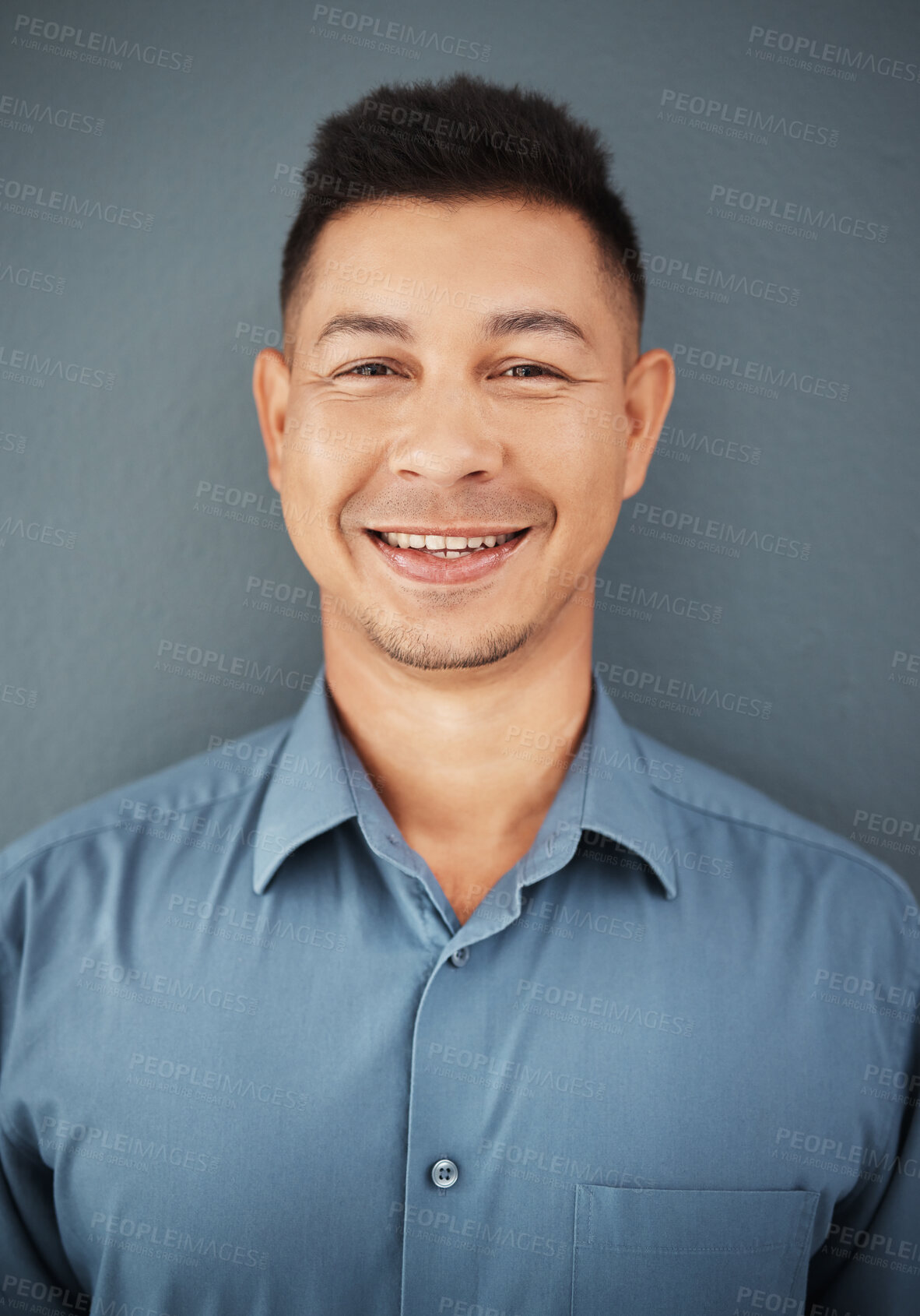 Buy stock photo Portrait, business and man with smile, leadership and skills for company, startup and dark studio background. Face, male employee and manager with opportunity, happiness and ceo with growth and sales