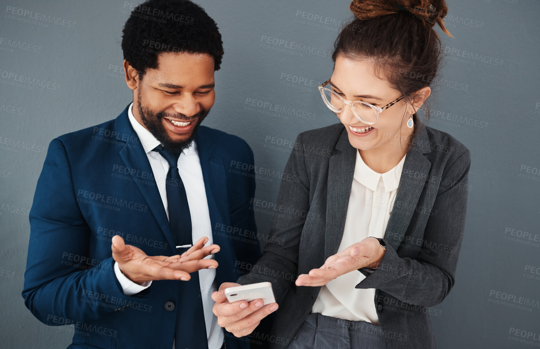 Buy stock photo Phone, business people and friends laughing in office on social media, texting or web browsing. Technology, comic or coworkers, black man and woman with mobile smartphone laugh at funny internet meme