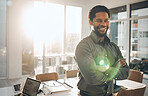 Portrait, business and smile of black man with arms crossed in office for vision, mission or success mindset. Ceo, boss and happy, confident or proud male entrepreneur from Nigeria with company goals