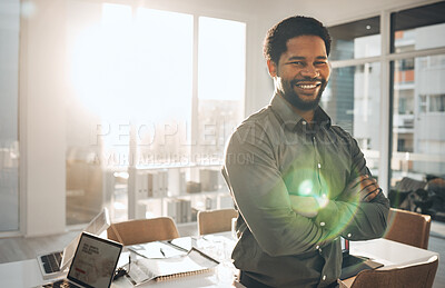 Buy stock photo Portrait, business and smile of black man with arms crossed in office for vision, mission or success mindset. Ceo, boss and happy, confident or proud male entrepreneur from Nigeria with company goals