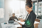 Business woman, tablet and smile for schedule planning, advertising or marketing at office. Happy female employee smiling with touchscreen for project plan, strategy or online research at workplace