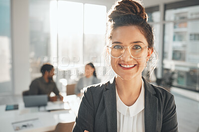 Buy stock photo Portrait of business woman in office management, company vision and happy for career opportunity, goals and leadership. Professional worker or person face in meeting for workflow, agenda and planning