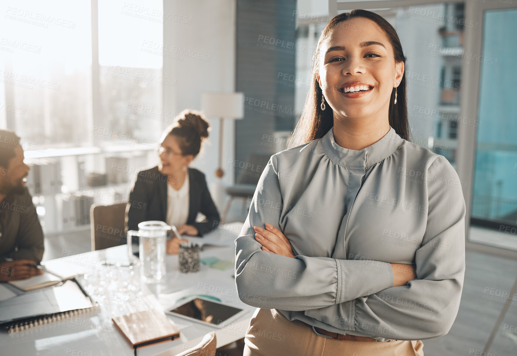 Buy stock photo Portrait of proud business woman in office management, company face and happy for career opportunity and leadership. Professional worker or person workflow agenda, mission and job integrity