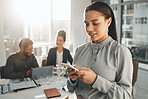 Business woman, phone text and teamwork meeting with a female employee on a mobile app. Office, corporate team and online chat of a financial analytics worker on a cellphone reading website content