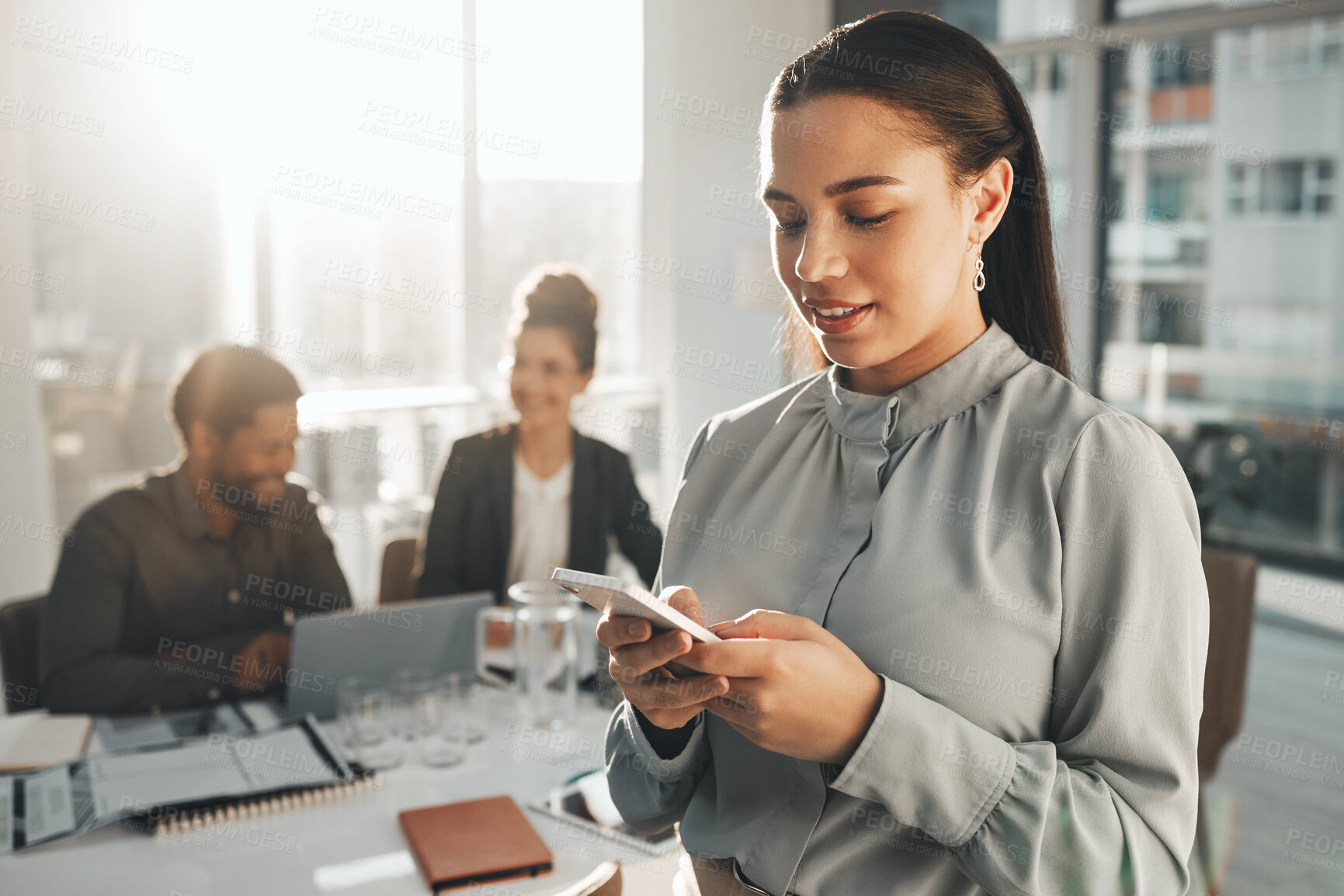 Buy stock photo Business woman, phone text and teamwork meeting with a female employee on a mobile app. Office, corporate team and online chat of a financial analytics worker on a cellphone reading website content